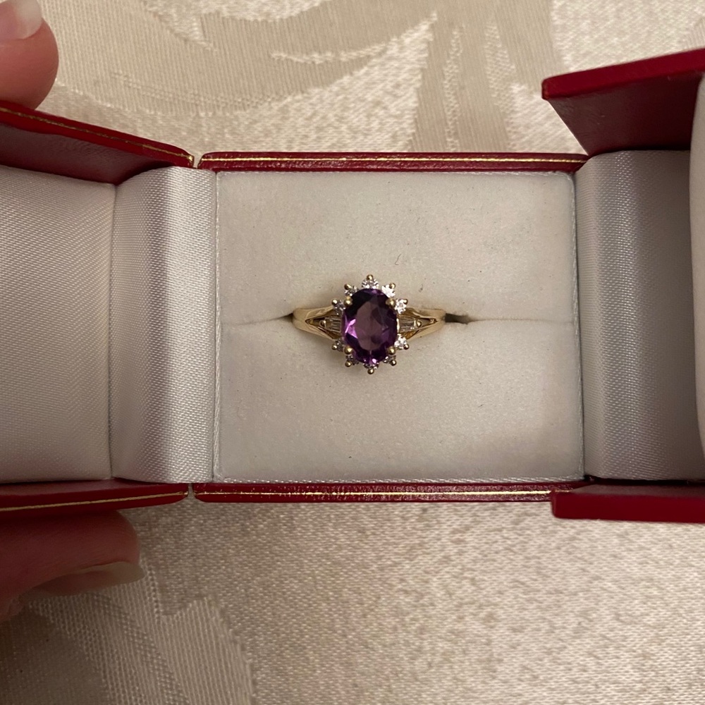 14k Gold Amethyst Ring with Diamond Halo